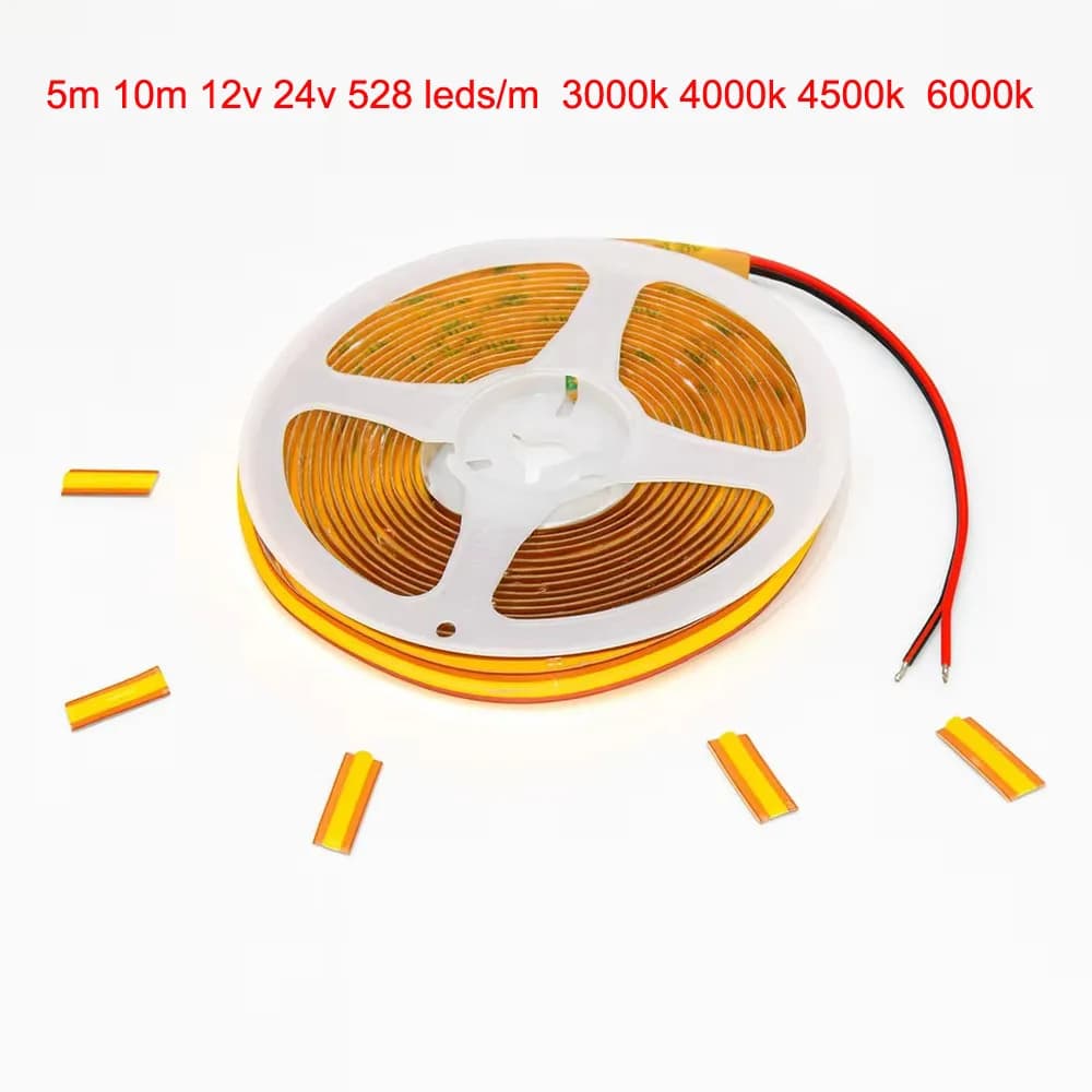 Striscia LED COB Ultra Luminosa 5m 10m 12v 24v, Tagliabile Ovunque, 528 LED/m 13w/m 3000k 4000k 6000k, per Vetrine e Espositori, Senza Punti Visibili