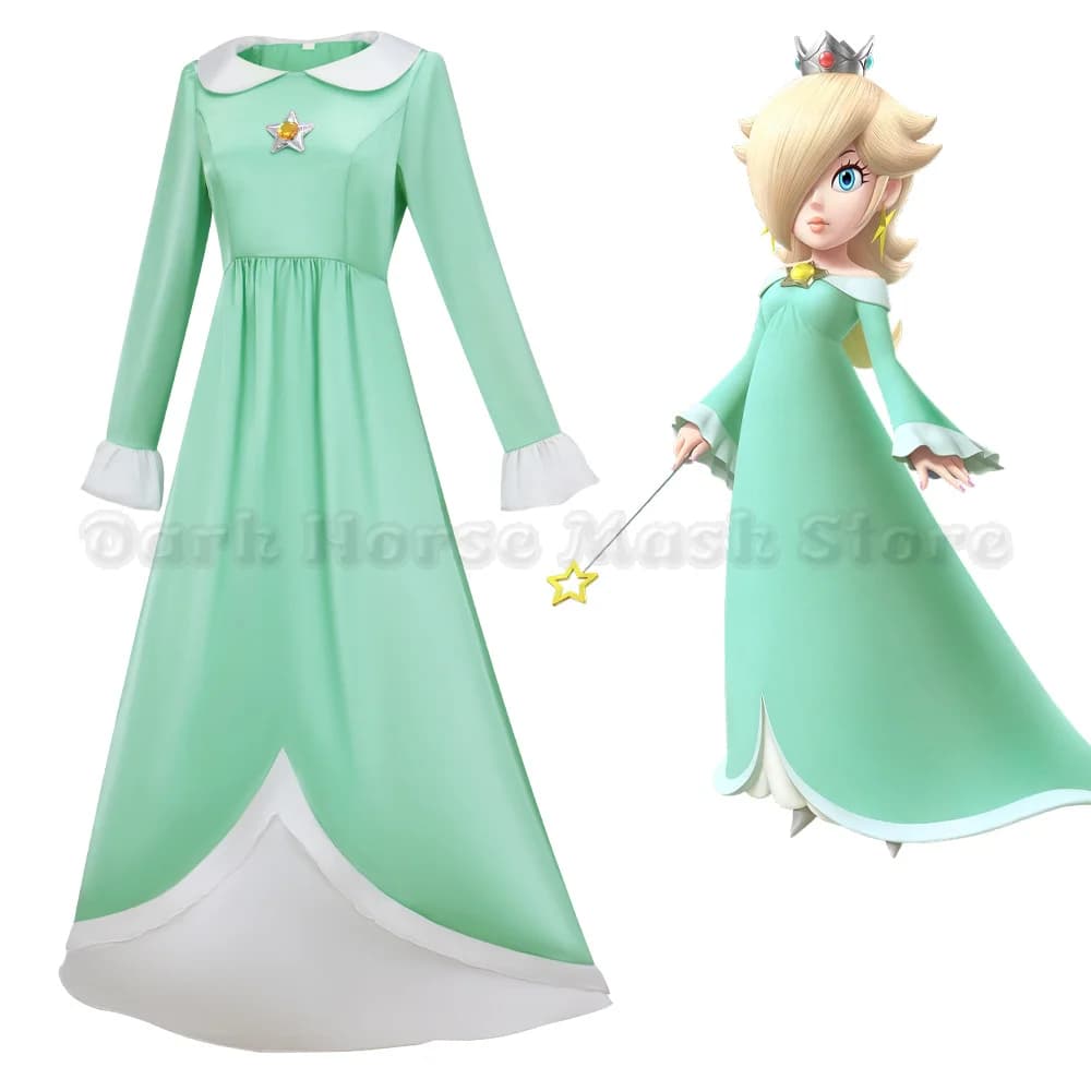 Costume Cosplay Principessa Peach Rosalina Anime, Abito Rosa Peach, Vestito Blu Rosalina per Adulti, Set con Corona, Costume per Halloween