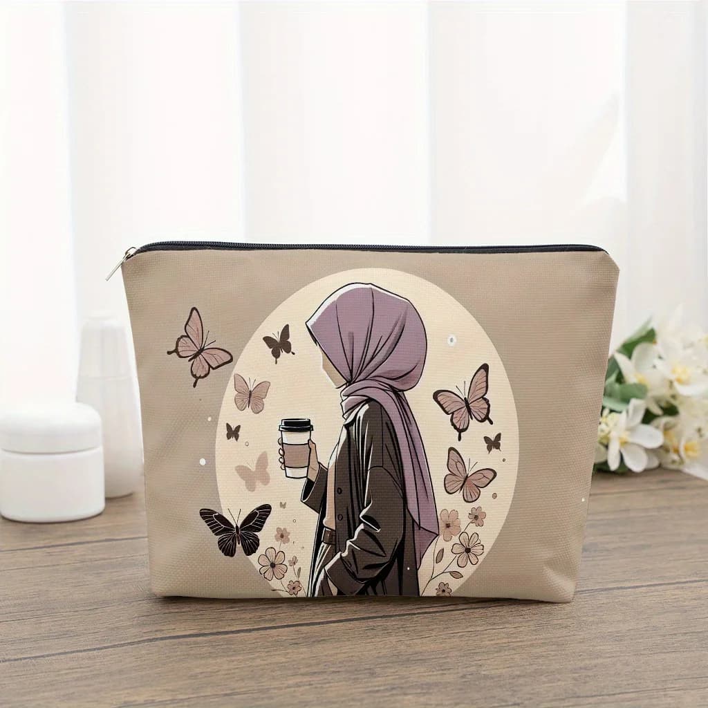 1 pezzo con raffigurazione di una donna con una maschera, che tiene una bevanda e una borsa per cosmetici - Borsa multifunzionale con cerniera per donna, perfetta borsa da viaggio con cerniera, divertente regalo di compleanno