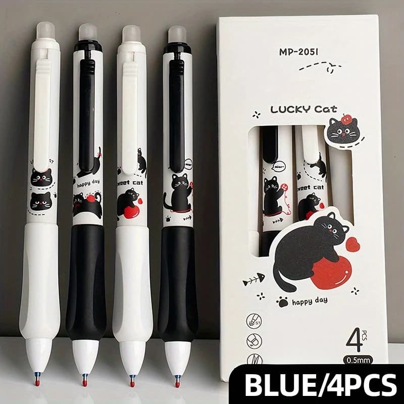 Confezione da 4 penne gel cancellabili – punta fine da 0,5 mm, inchiostro blu, asciugatura rapida e scorrevole, grazioso design a forma di gatto
