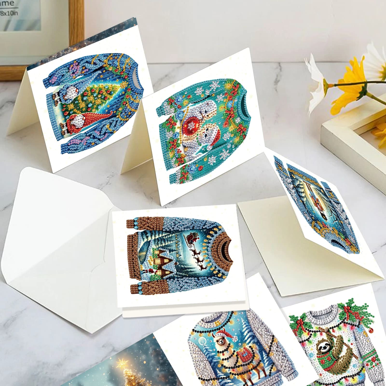 Kit di biglietti d'auguri con pittura artistica con diamanti da 6 pezzi, maglione di Natale fatto a mano Festival di auguri Regali di carte creative di compleanno con diamanti