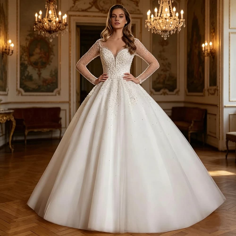 Abito da Sposa di Lusso Personalizzato con Maniche Lunghe Trasparenti, Collo Rotondo, Perline e Strascico in Tulle