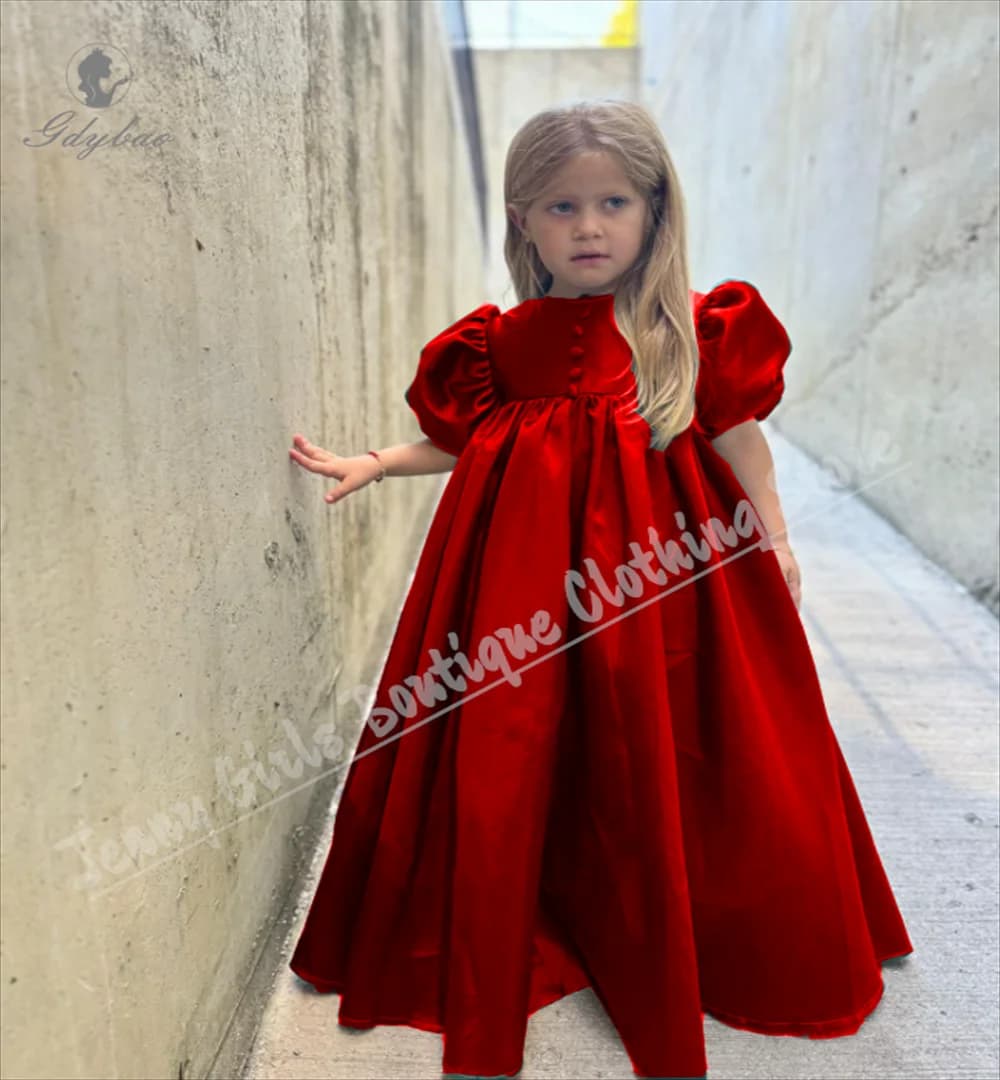 Abito da ragazza di fiore in raso elegante gonfio rosso personalizzato per abito da compleanno per bambini con maniche corte a sbuffo lungo fino al pavimento