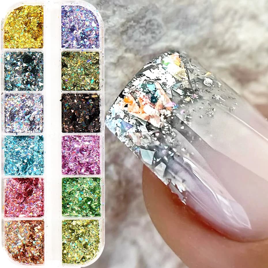 12 griglie olografiche glitter nail art paillettes scintillanti irregolari fiocchi per unghie polvere nail art sirena trucco manicure decorazioni