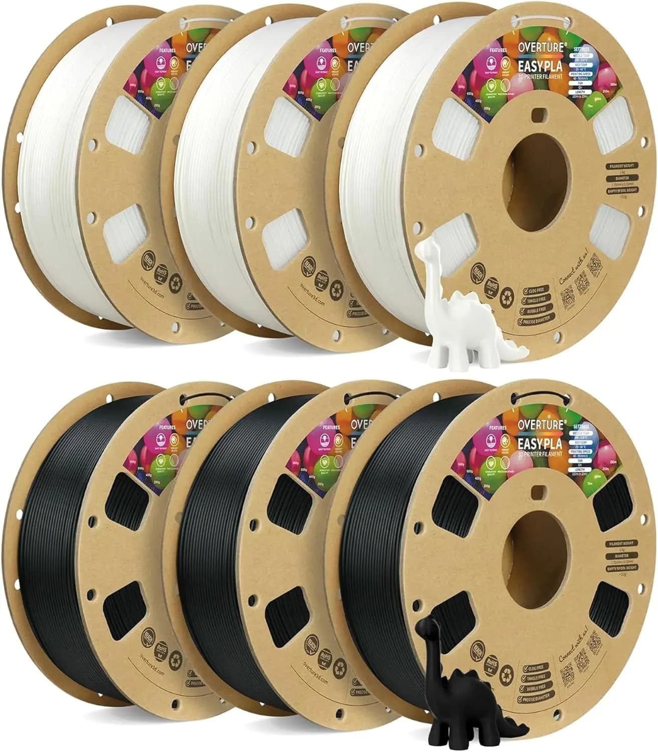 Confezione di Filamenti PLA per Stampante 3D, 6KG, 1.75mm, 6 Bobine (Nero e Bianco), Alta Precisione +/-0.02mm