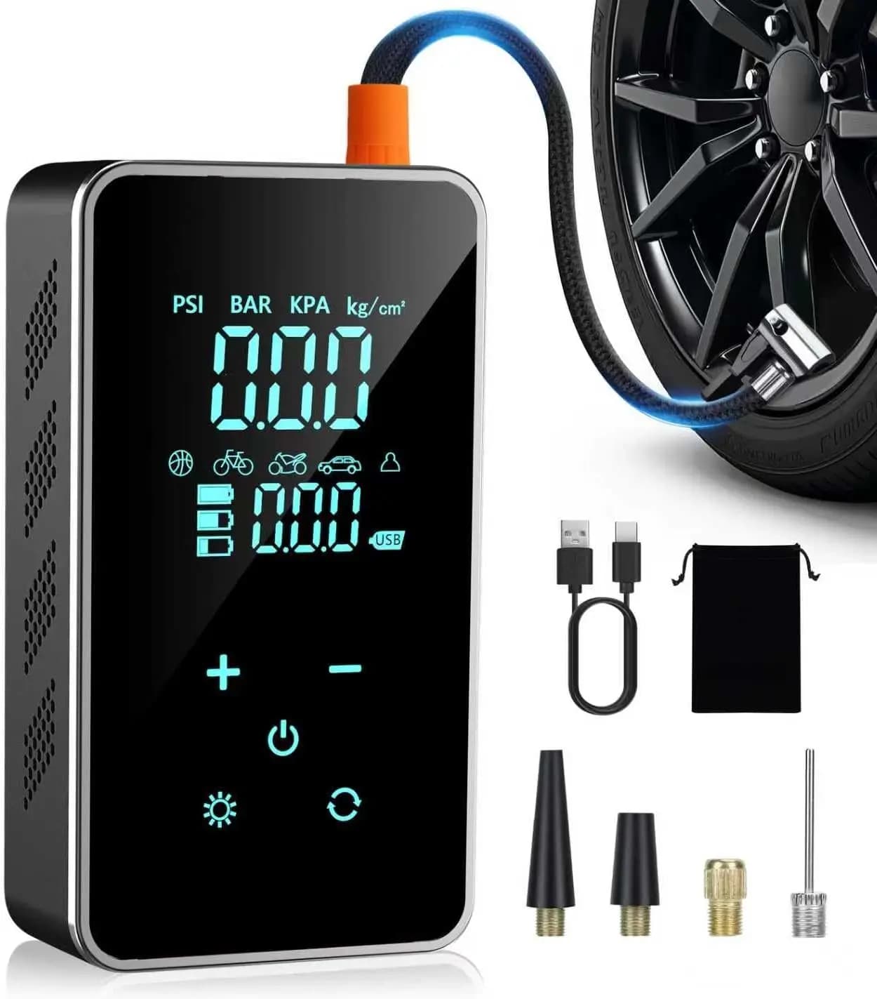 Compressore d'Aria Portatile 150PSI, Pompa per Pneumatici con Schermo Touch per Auto, Bici, Moto, Palloni, Gonfiaggio Rapido con Manometro e Luce