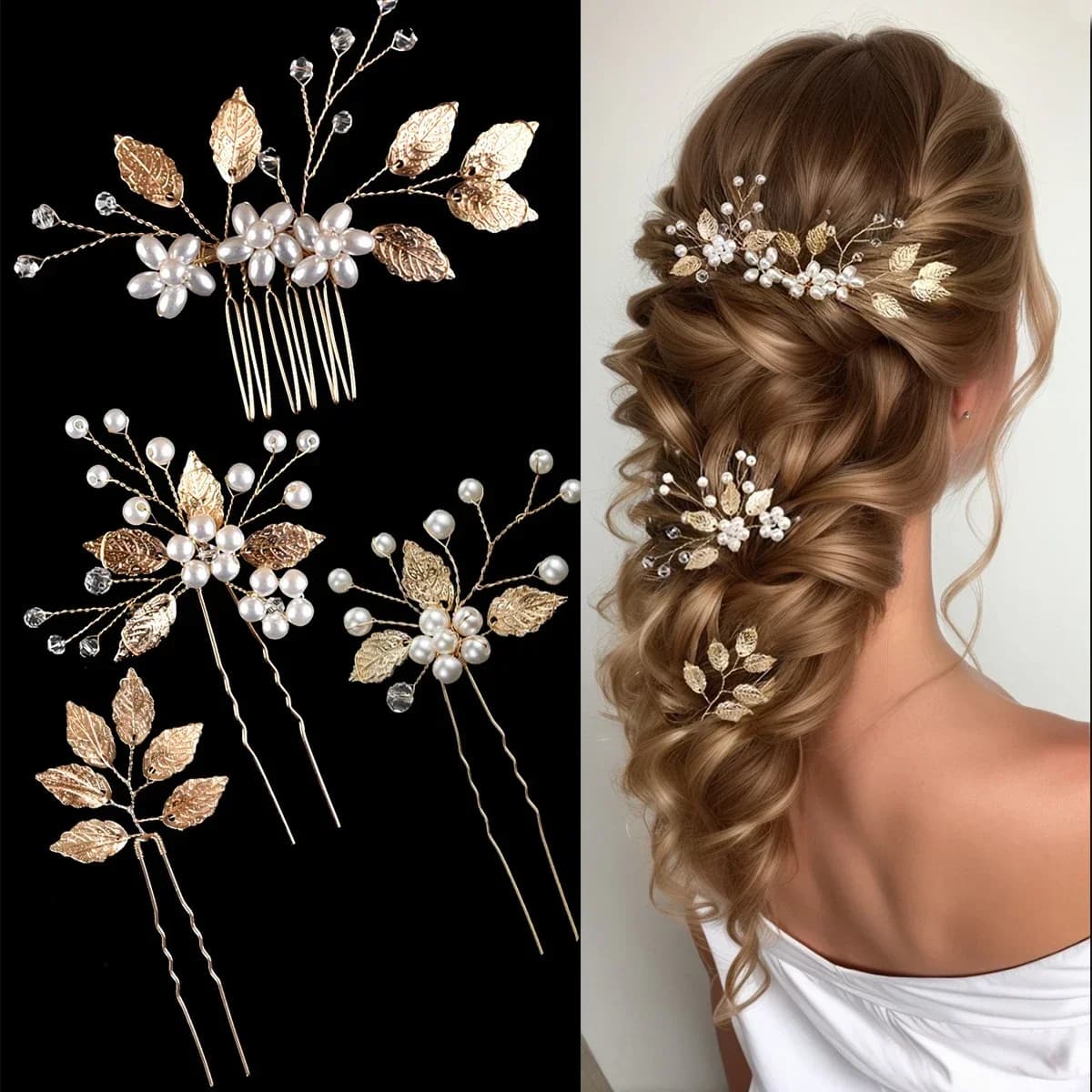 4pcs Bride Hair Clips Flower Hairpin Set Wedding Side Combs Leaf Tiara Jewelry Headwear for Bridal Party Gift
