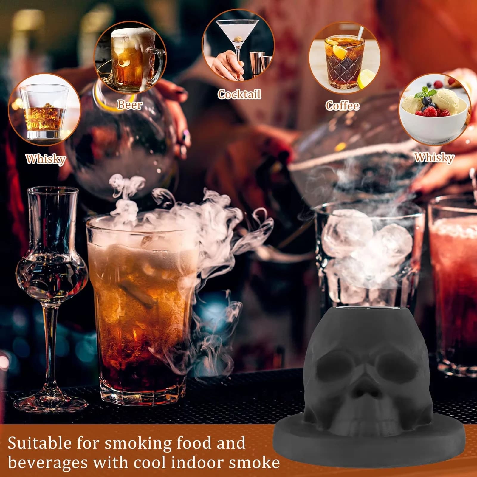 Kit Affumicatore per Cocktail a Forma di Teschio con Trucioli di Legno e Infusore in Ceramica per Whisky, Bourbon, Cocktail e Bevande - Strumento Unico per Bar Domestico da Uomo