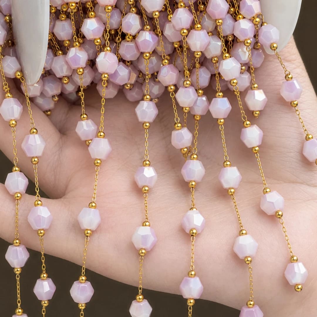 Catene di Perline Esagonali in Pietra Rosa da 0,5m/1m, Collegamenti in Acciaio Inossidabile per Creazione di Gioielli Fai-da-Te, Bracciali e Collane