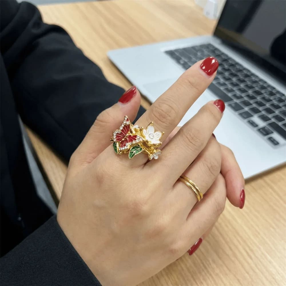 Sweet Elegant Butterfly Ring Oil Dripping Light Luxury Opening Finger Ring Leaves Flower Finger Jewelry Ladies Jewelry