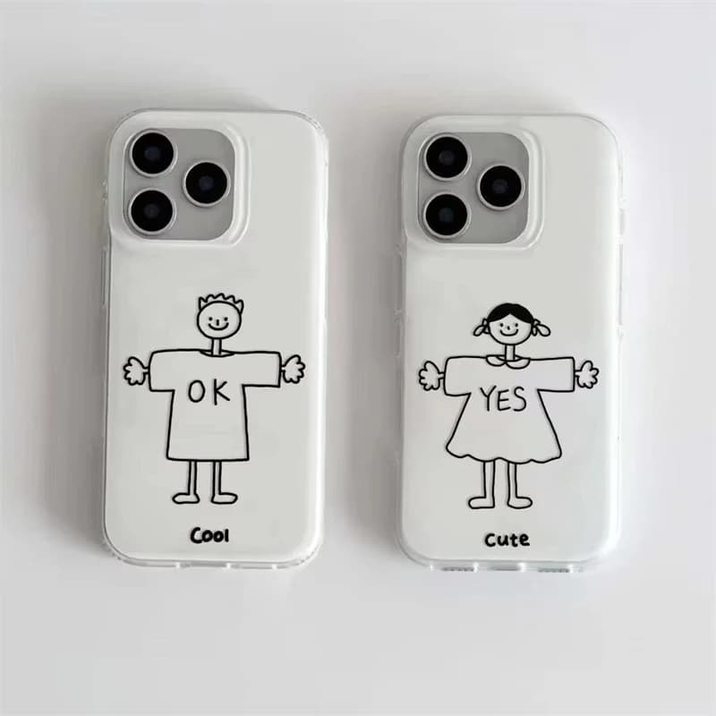 Cover per iPhone 17 Air 16 Pro Max 15 14 Plus 13 12 11 in Silicone Antiurto con Disegno Semplice Cartone Animato Ragazzo e Ragazza