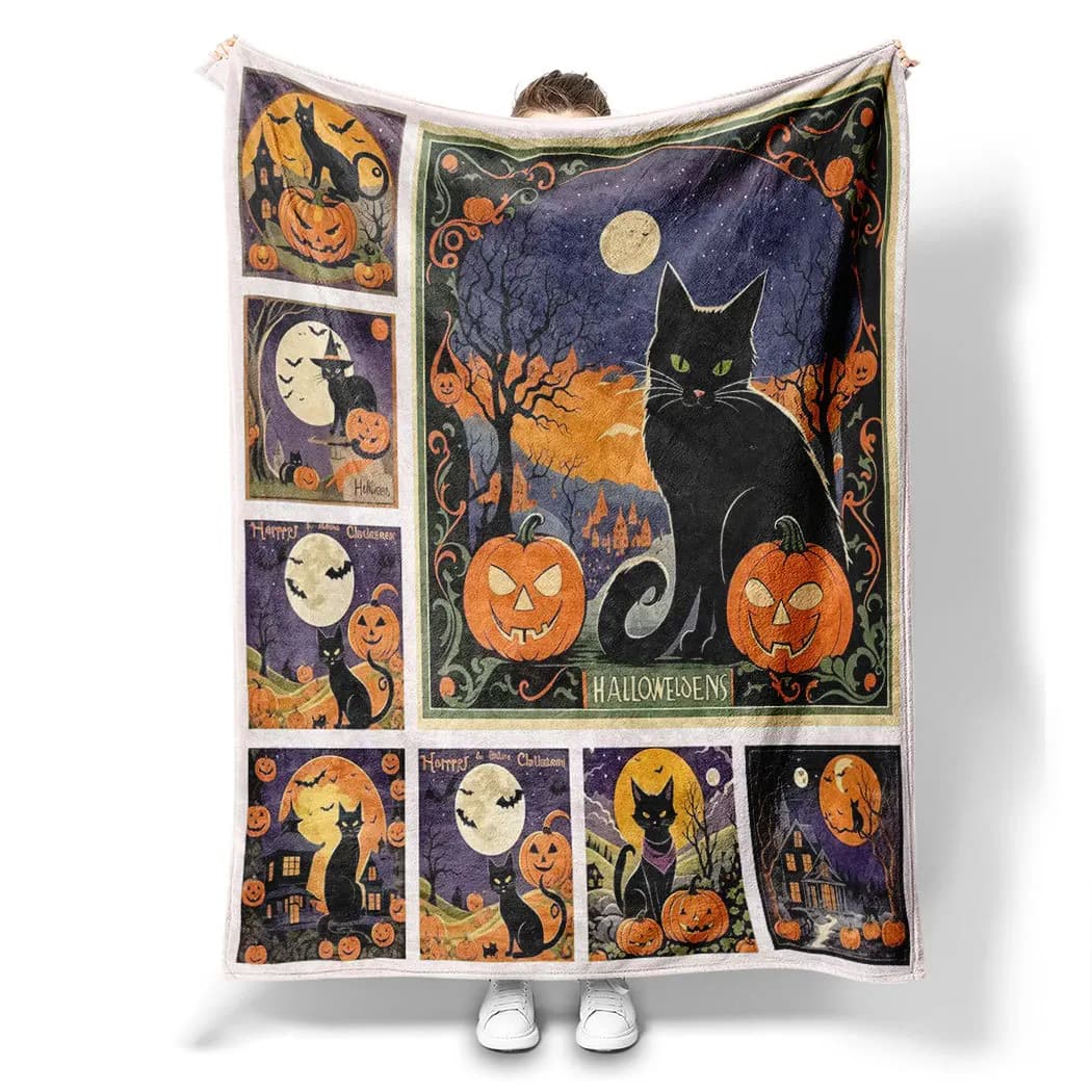 Coperta stampata con gatto a quadretti di Halloween per divano, viaggio, campeggio, soggiorno, ufficio, coperta per regali per tutte le stagioni