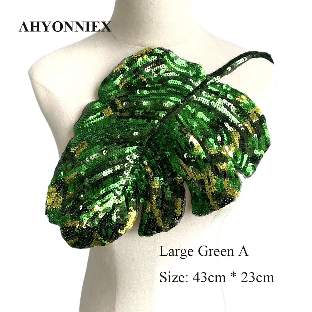 1 pezzo di moda con grandi paillettes e foglie per abbigliamento, applique per jeans, accessori fai da te, graziosi toppe da cucire