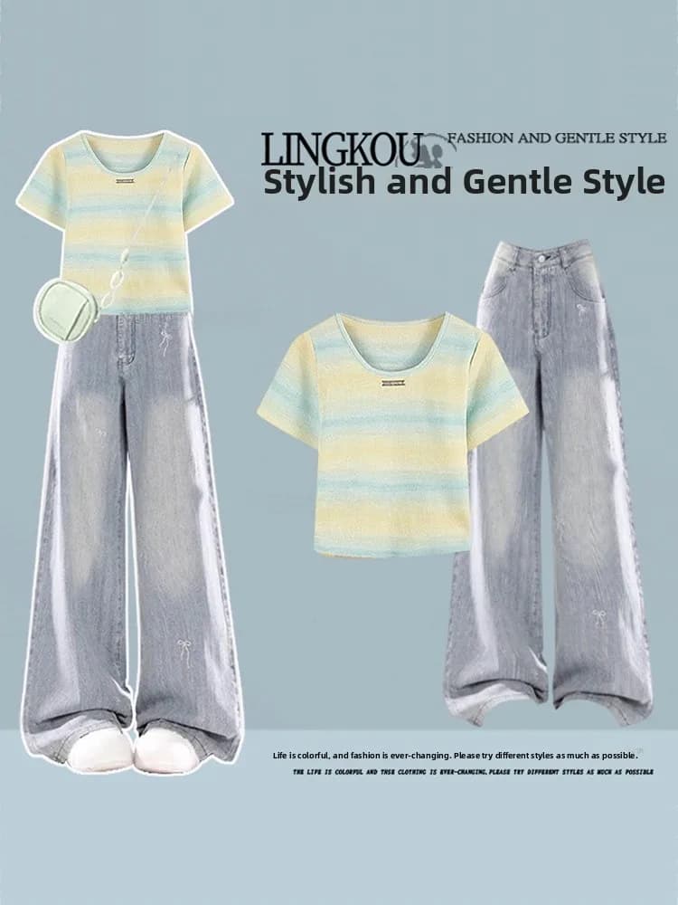 Loose Knitted Summer Set Women's Style Gradient V-Neck T-Shirt And Slimming Jeans Two-Piece Ensemble Casual Fashion