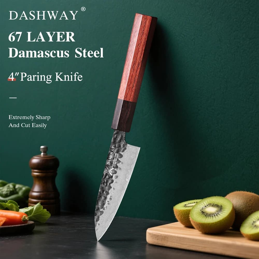 Coltello da Cucina DASHWAY 4" in Acciaio Damasco a 67 Strati, Coltello Professionale Giapponese Forgiato a Mano per Chef