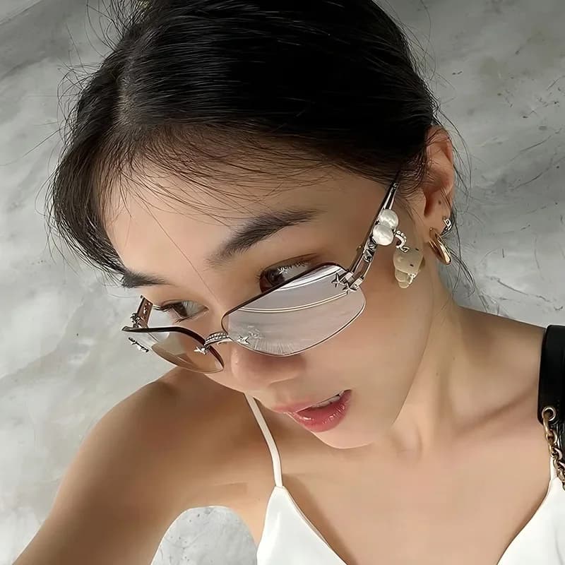 Korean Style Sunglasses for Women, Rectangular Shape Without Mounting, Sexy Y2K, Women's Glasses with Outer Strass