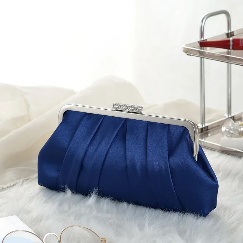 Retro Silk Evening Bag Clutches Fashion Simple Blue Black Fold Chain Shoulder Bags For Women Wedding Party Bridal Handbags Purse