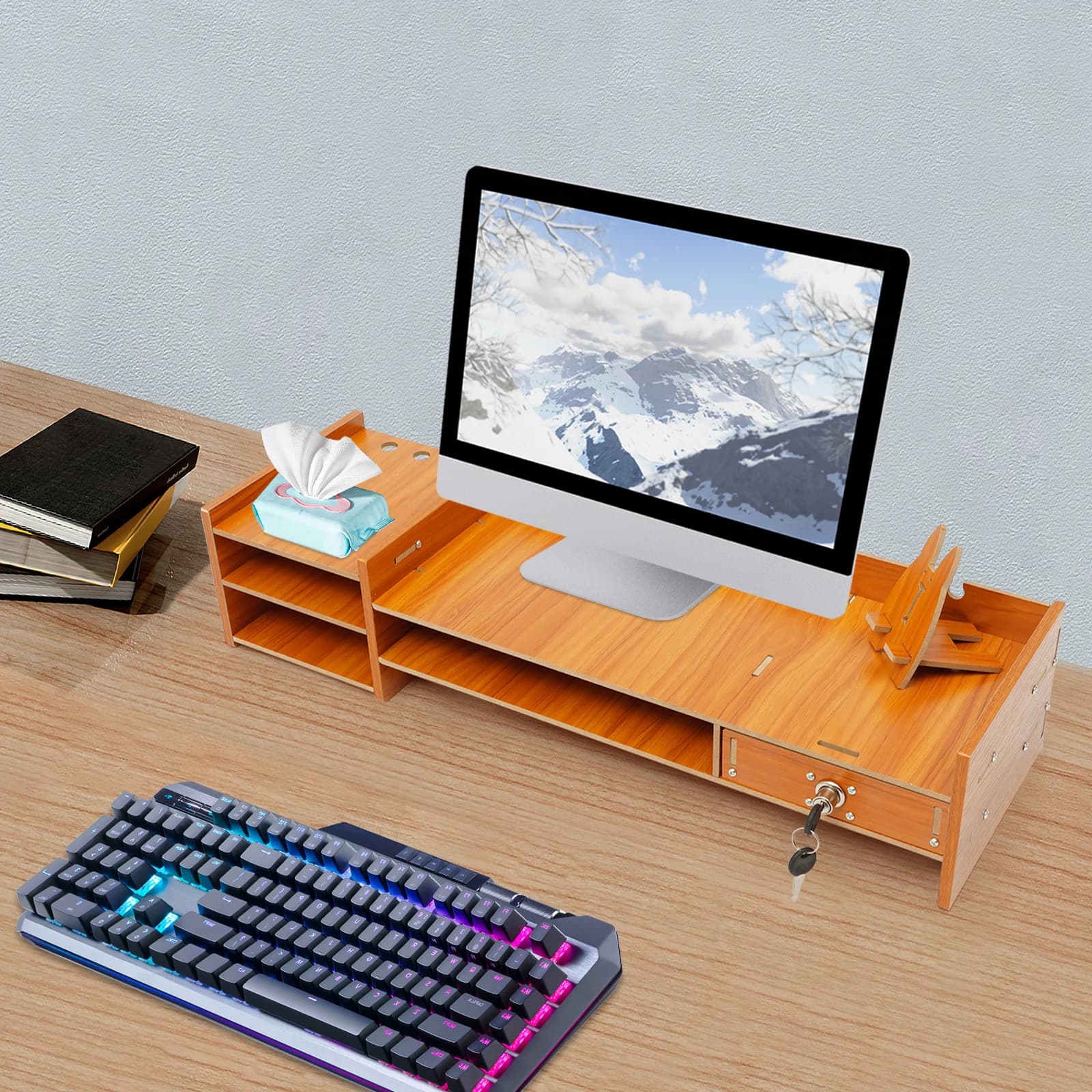Wooden Monitor Stand, Lockable Drawer, Computer Desk Riser, Ergonomic Desk Accessory, Office Desk Storage Shelf, Laptop Screen Riser
