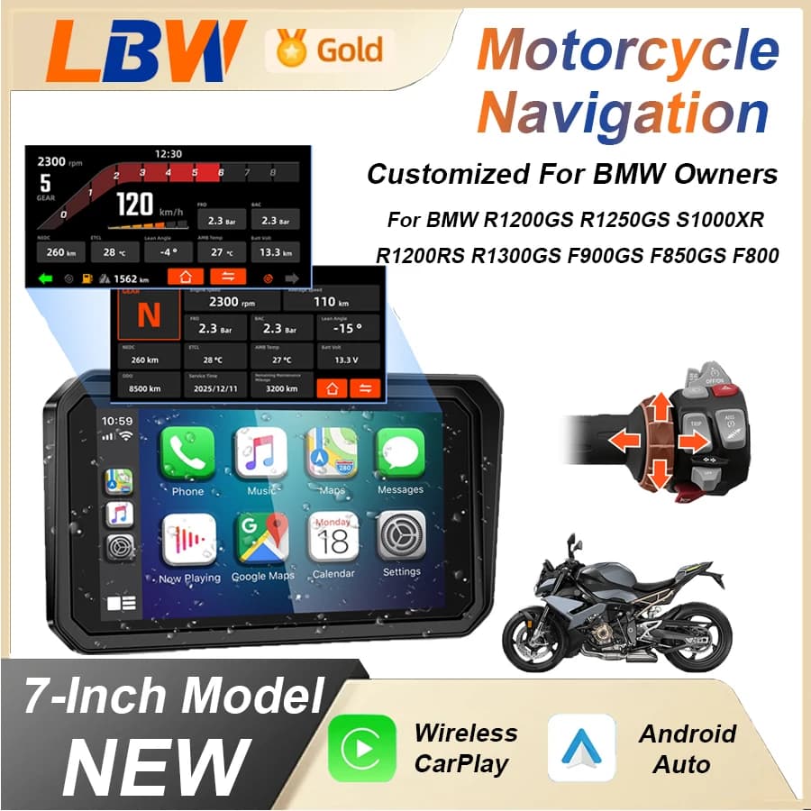 7 inch motorcycle dashboard with GPS, navigation, Carplay, Android Auto, IPX7 display, compatible with BMW R1200GS R1250GS F800 F900