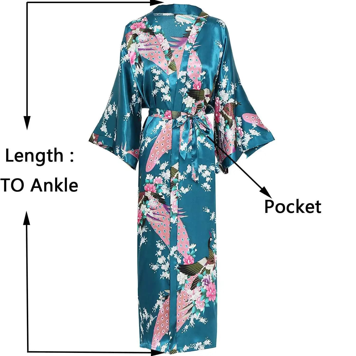Abiti da sera femminili cinesi classici Stampa pavone Indumenti da notte Kimono Robe Abiti da bagno Abito lungo in raso sexy Abito da casa taglie forti