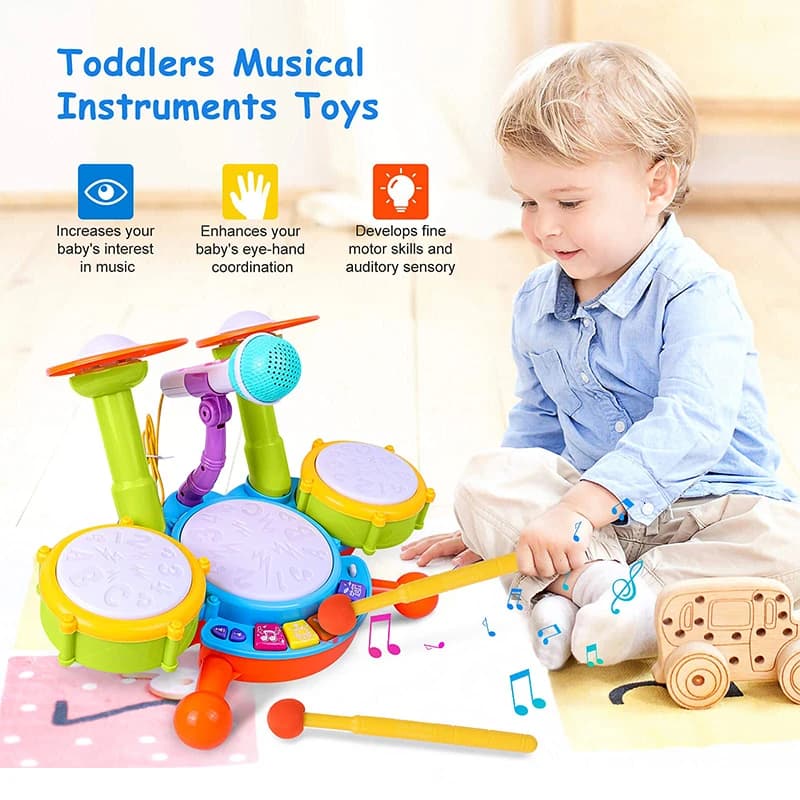 Set di Batteria per Bambini 1-3 Anni, Strumenti Musicali Educativi per Neonati, Giocattoli per Bambini e Bambine con Microfono, Attività di Apprendimento, Regali