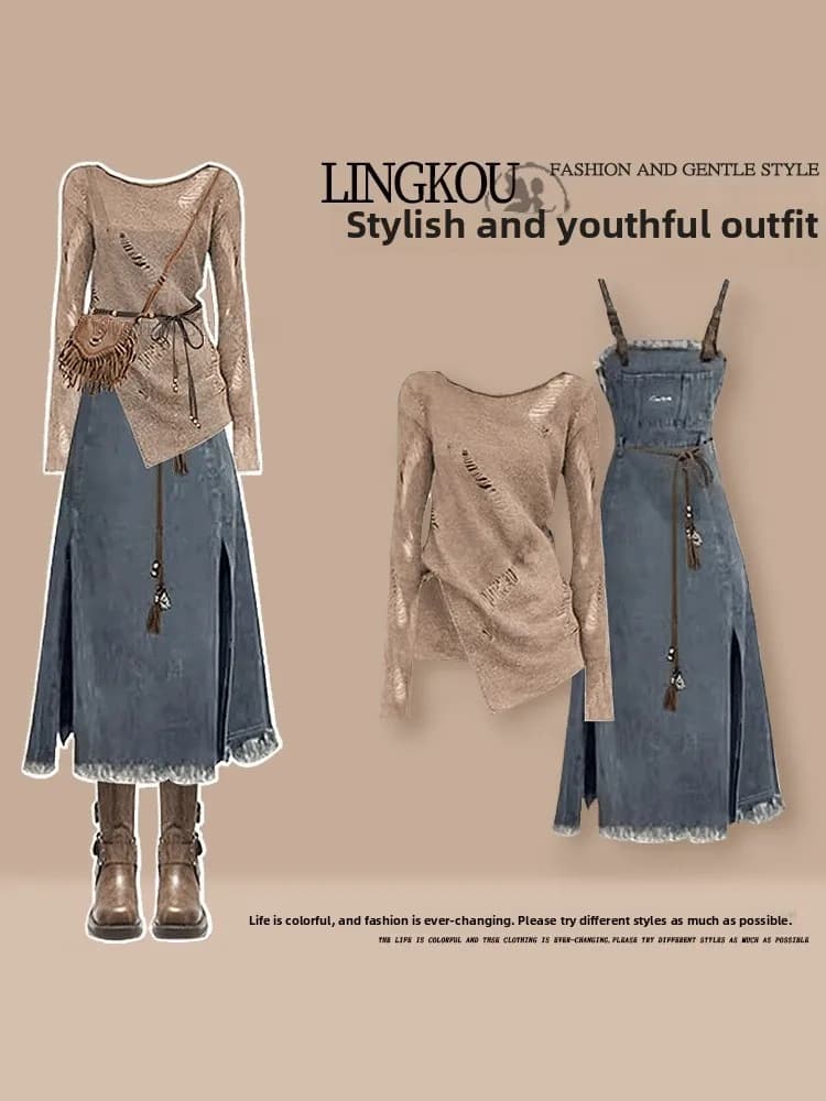 American Style plus Size Autumn Set Women's Post-Apocalyptic Look Youthful Top with Beautiful Denim Halter Dress Two-Piece Set