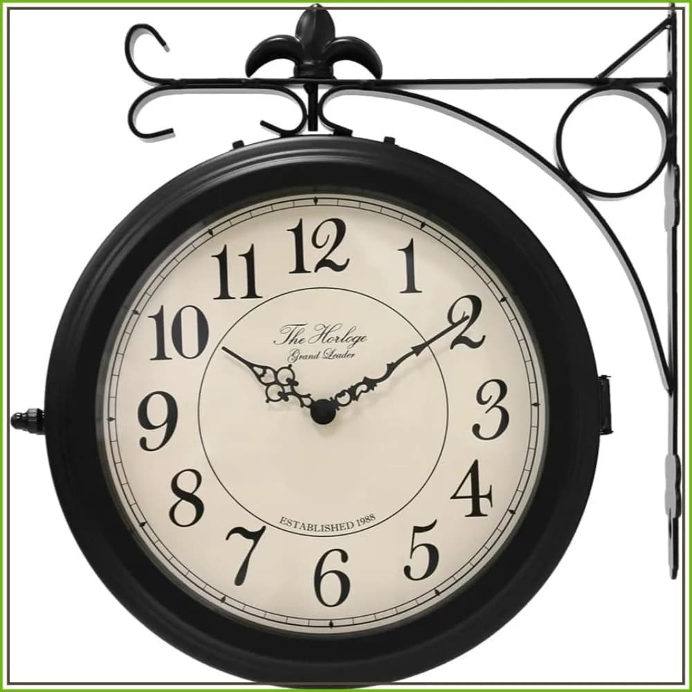 Double Sided Metal Wall Clock with Black Frame, 10-Inch Dial, Quiet, Easy Read, Retro Station, Antique Hanging Clocks for Garden, Home Decor, Indoor, Outdoor, Living Room