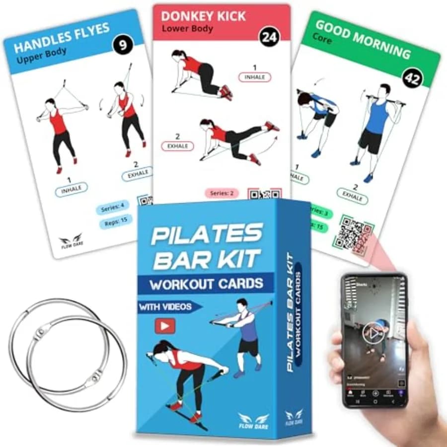 Kit Barra Pilates con 62 Carte Esercizi, Video e Pianificazione Allenamento - Include Sfida di 8 Settimane, Grafico e 2 Anelli