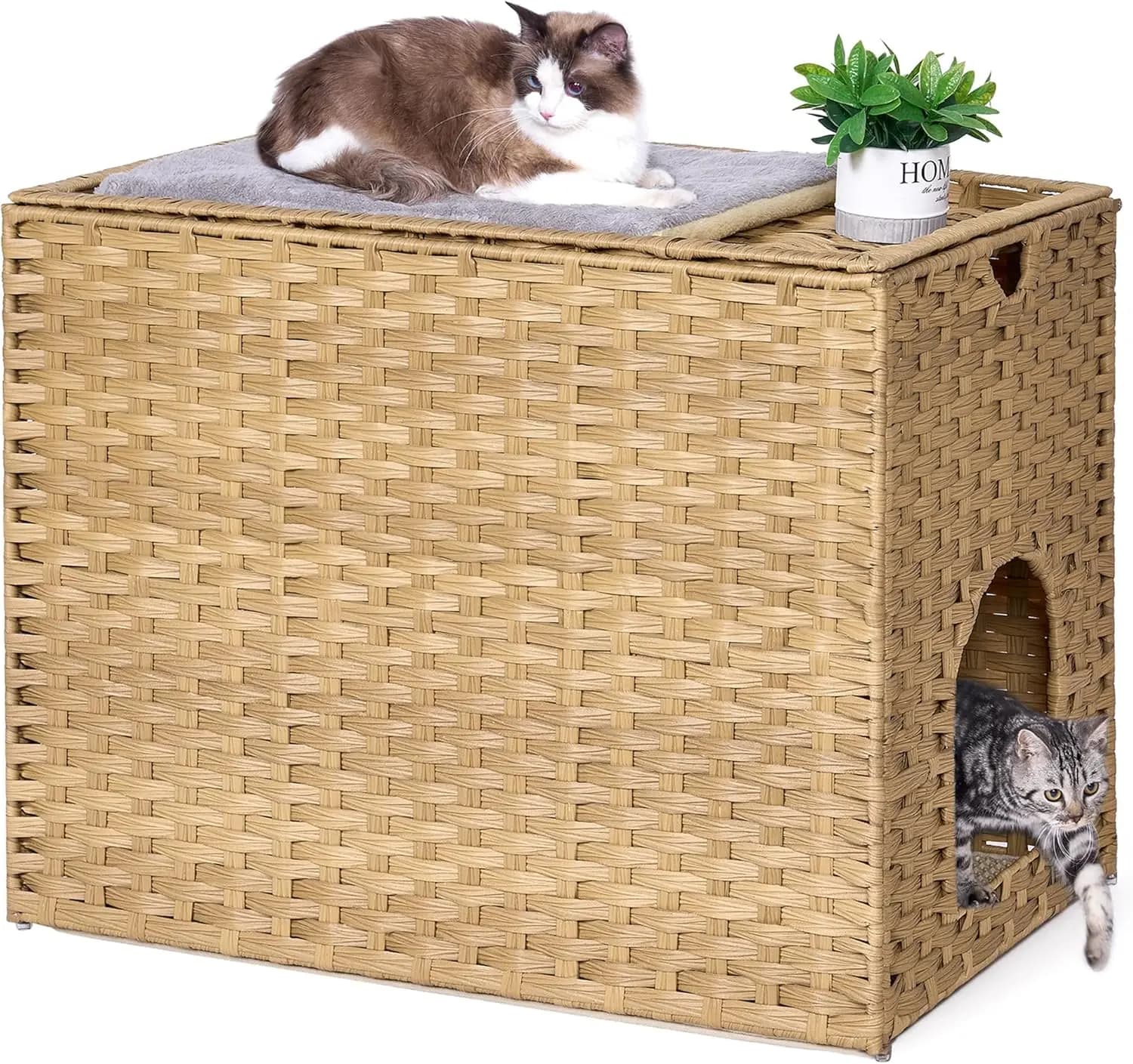 Lettiera per Gatti in Rattan Intrecciato a Mano con Tappetino Raccogli-Polvere, Bagno Nascosto Senza Installazione per Balcone, Camera da Letto, Soggiorno
