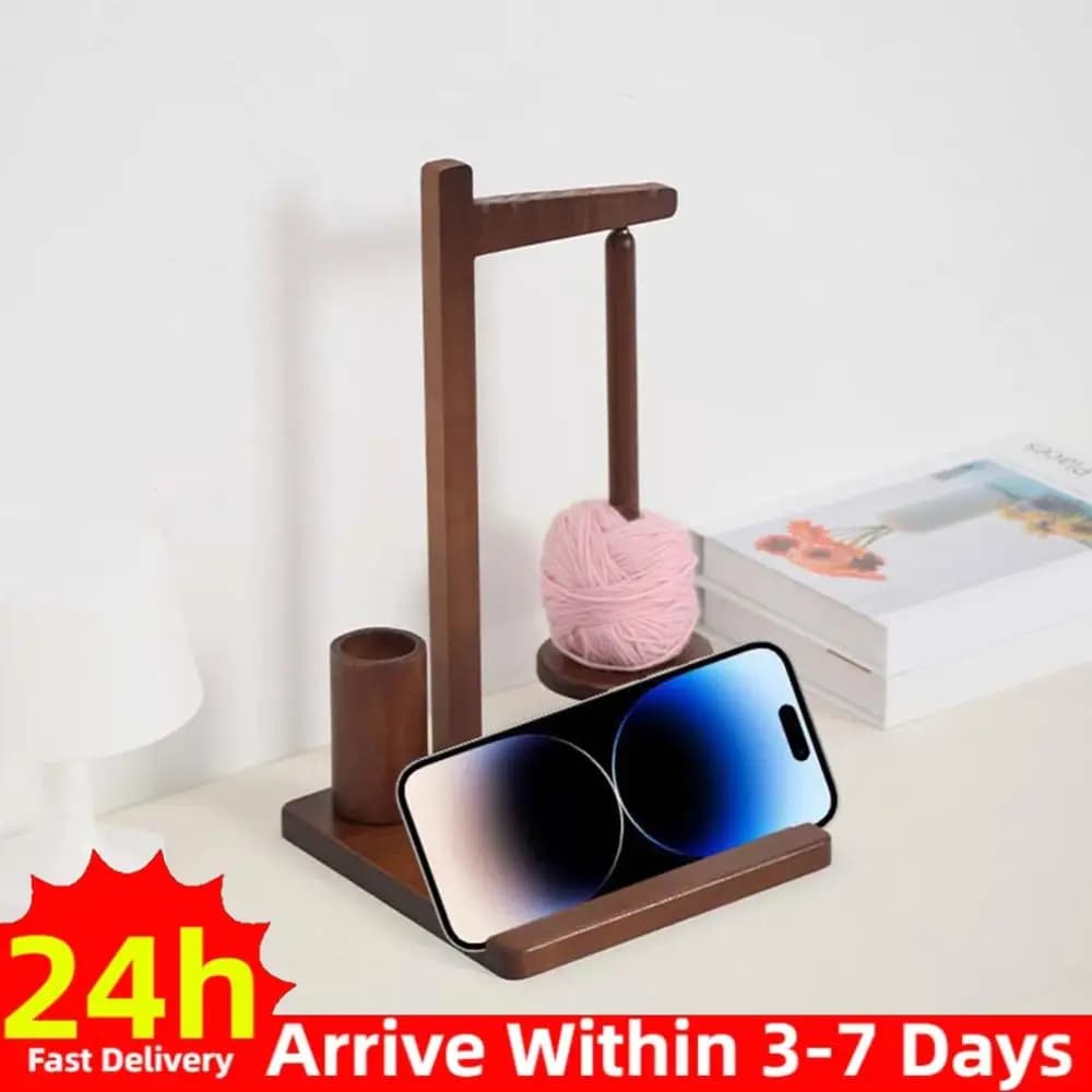 Porta Filato in Legno 3-in-1 con Supporto per Telefono, Dispenser Magnetico per Gomitoli, Regalo per Amanti dell'Uncinetto
