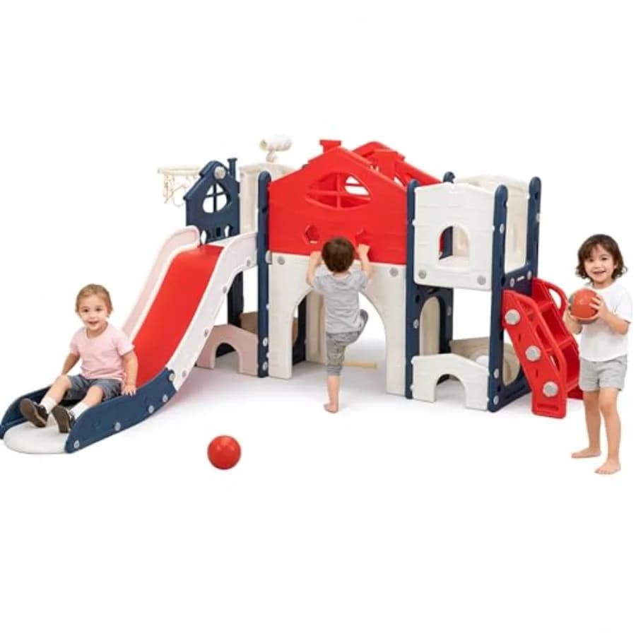 Set da gioco per scalatore di diapositive per bambini 8 in 1 per interni ed esterni con telescopio per canestro da basket e spazio di archiviazione Scivolo indipendente f