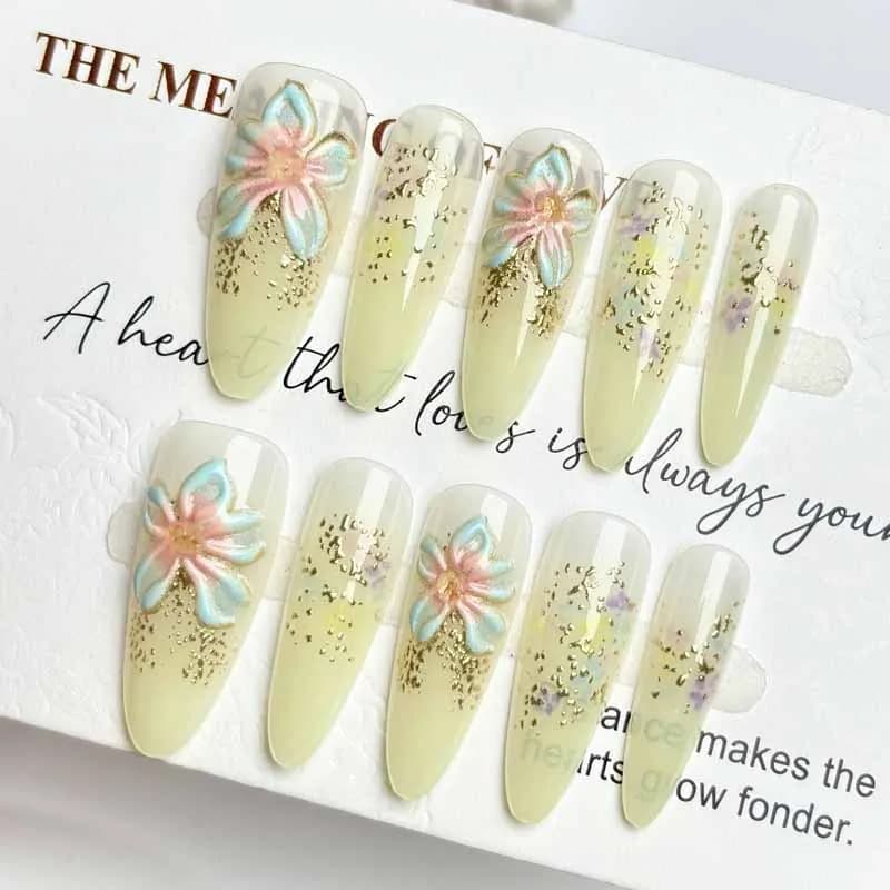 10 pieces yellow milk floral whitening delicate print on nails atmosphere numb golden patch nail manicure nail art