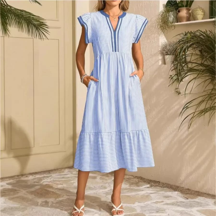 【Nuovo stile】Abito da vacanza da donna alla moda 2026, a righe, con doppio volant, maniche corte e scollo a V a contrasto
