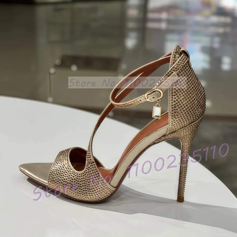 Sandals with cross strap with champagne strass woman Shimmer open with toe shoes with heel sandals with high heel with pendant with female gem