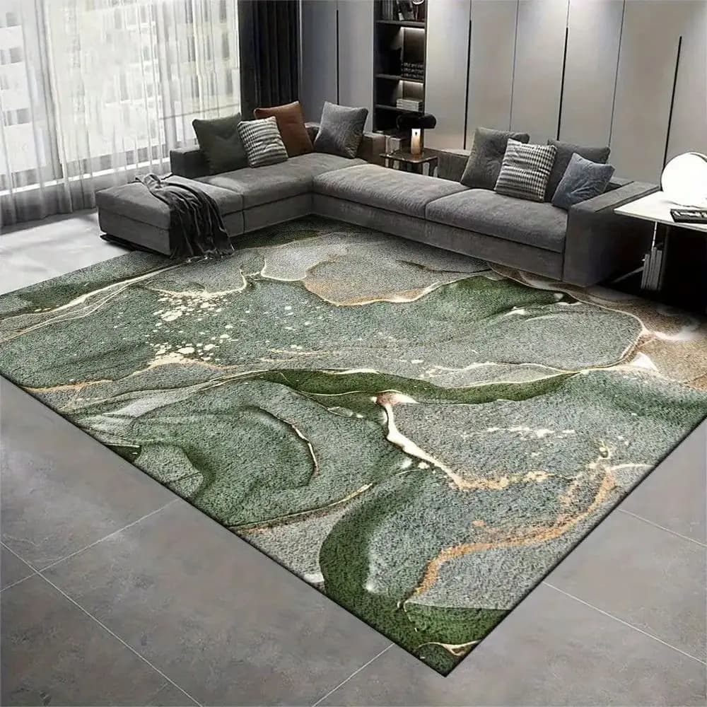 Tappeto 850gsm, morbido e spesso, stile semplice e lussuoso, con motivo a trama fluida, abbinamento grigio verde e oro, lavabile in lavatrice