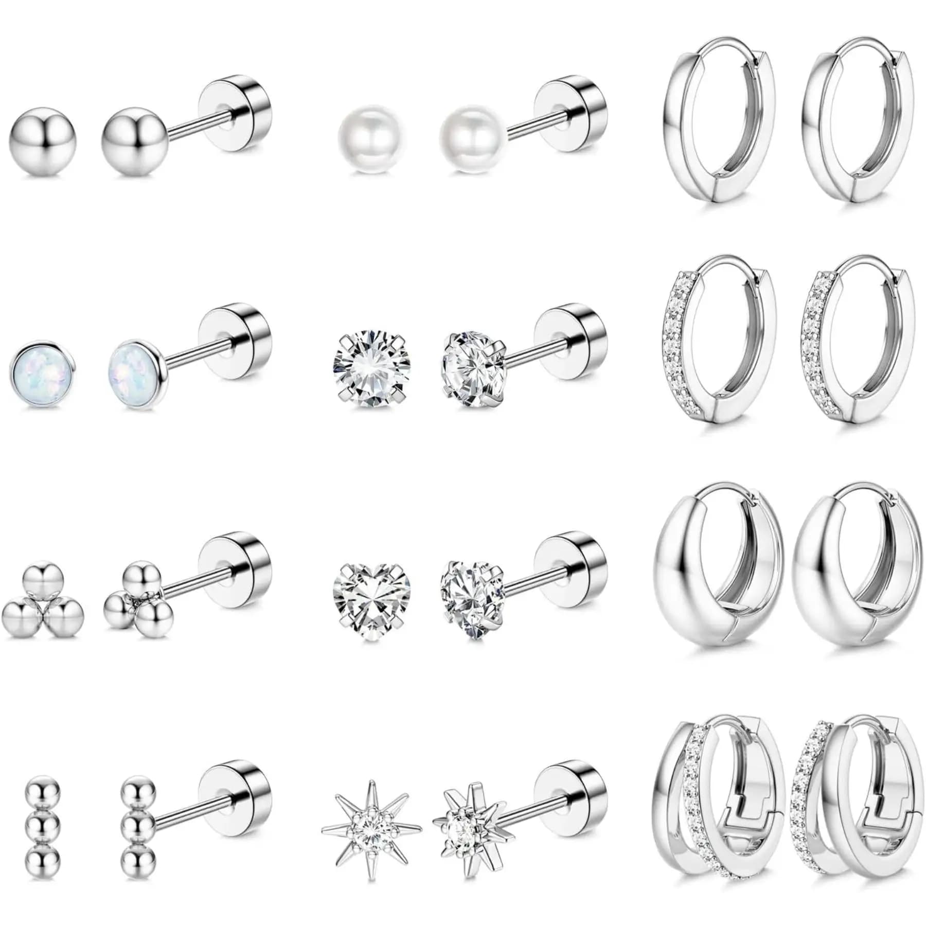 12 pairs of earrings with back plate of surgical steel for woman, circle earrings, stackable, set of earrings for cartilage, for multiple piercing