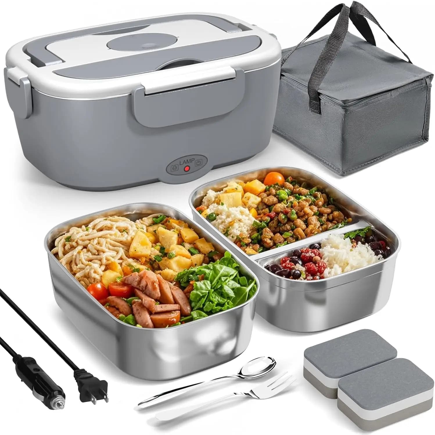 Portapranzo elettrico portatile con doppi contenitori in acciaio inossidabile da 1,5 litri per auto e viaggi - Scaldavivande a riscaldamento rapido