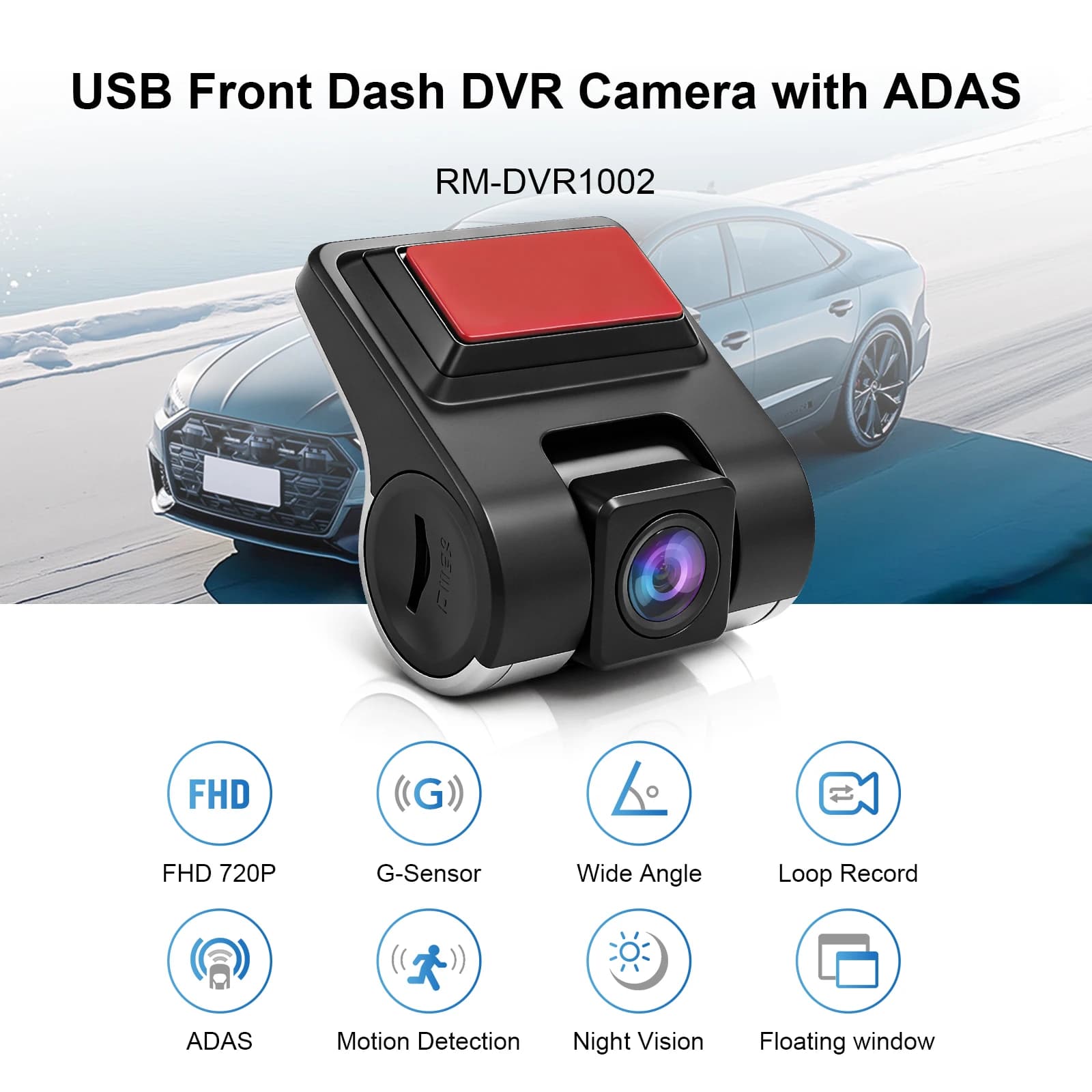 EzoneTronics USB Front Dash Camera Universal Car DVR for Android System with ADAS Plug in the SD Card