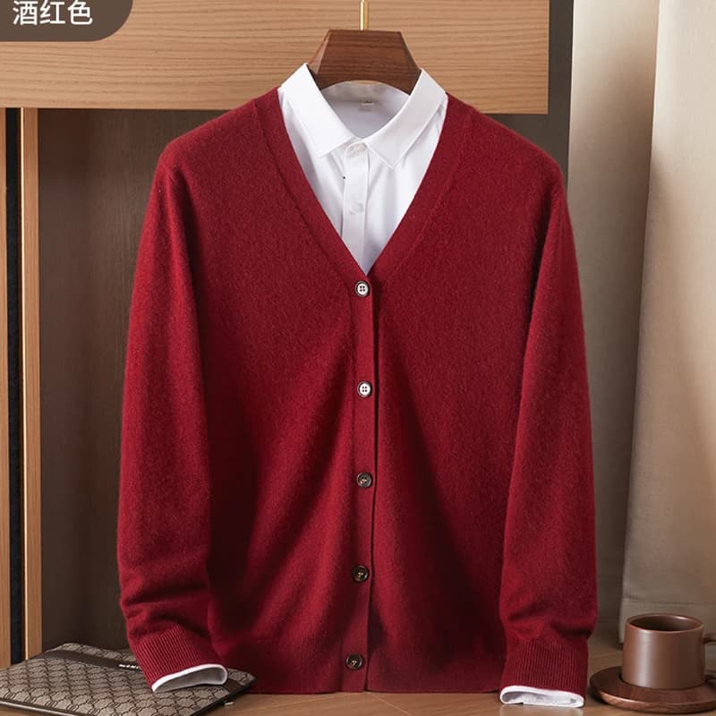 Red men's V-neck cashmere cardigan thickened solid color knitted sweater coat casual business wool coat.