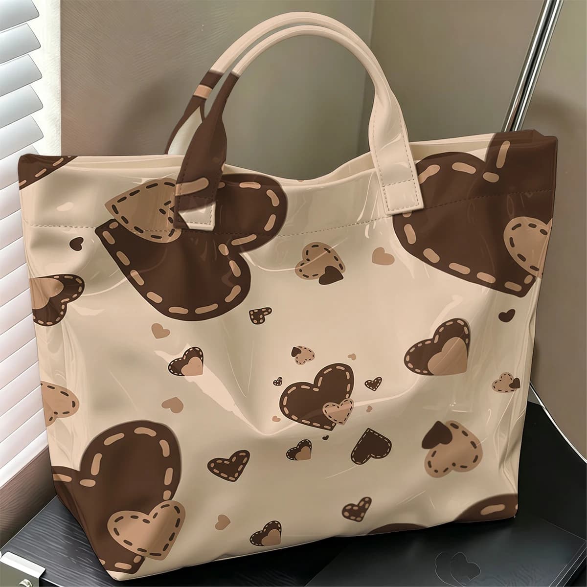 Brown Hearts Cute Large Glossy PVC Tote Bag Hand Washable Lightweight Soft Great for Travel Commute Makeup Storage Handbags