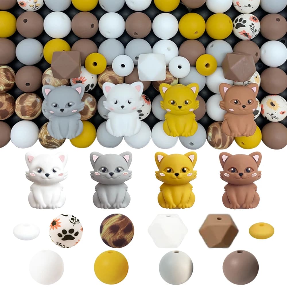 25/68 pezzi set di perline in silicone 3D simpatico gatto, perfetto per l'artigianato fatto a mano fai-da-te come portachiavi, collane, bracciali, ecc.