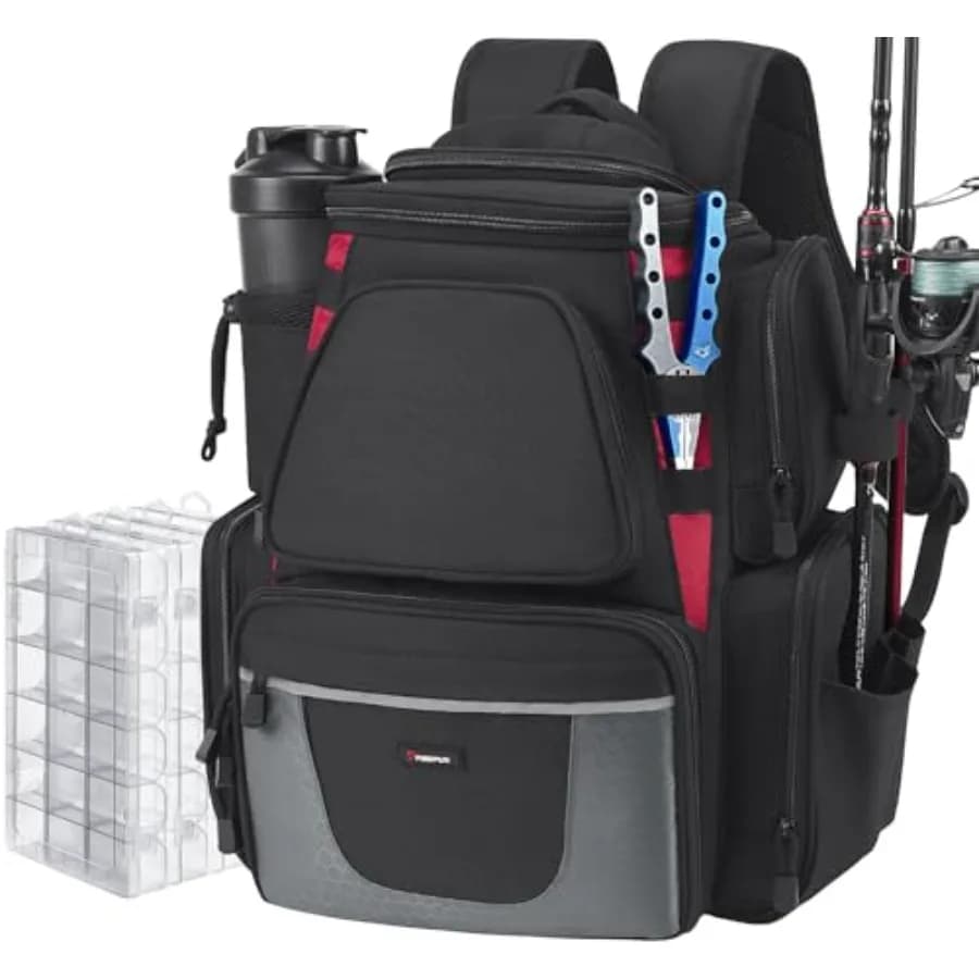Fishing Backpack with 2 Candle Holder, 4 Equipment Door Boxes, Large Tool Bag with Rain Cover for Black W Fishing Tools