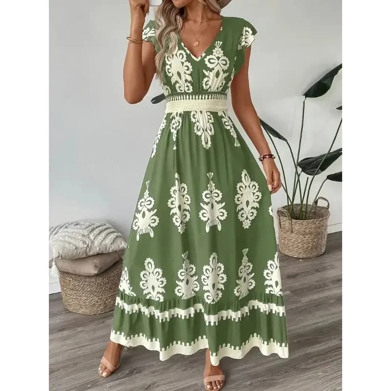 Plus Size New Women Fashion Floral Print V-Neck A-Line Dress with Ruffled Cap Sleeves Ladies Elegant Print Loose Summer Dress