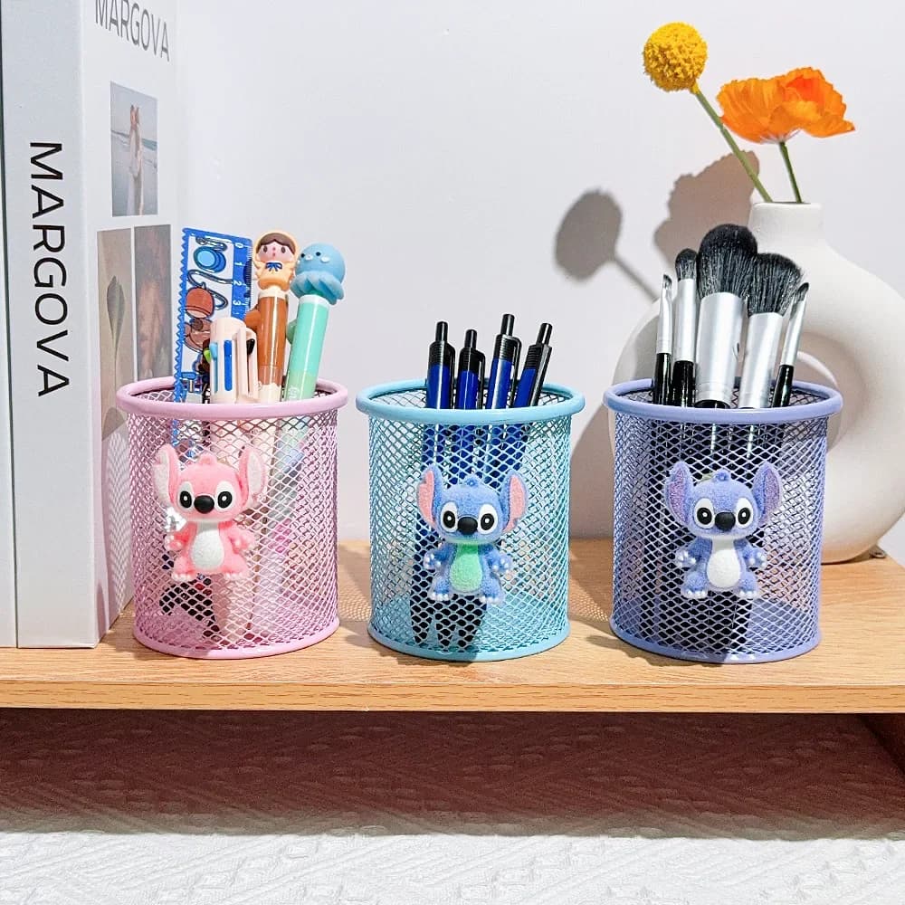 Portapenne 3D in ferro floccato a forma di Stitch, creativo e divertente, con rete, per scrivania, porta pennelli da trucco