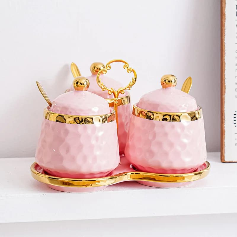 Scatola per condimenti in ceramica dorata, bottiglie di sale e pepe, set di barattoli per condimenti per la casa, forniture da cucina, organizer per condimenti