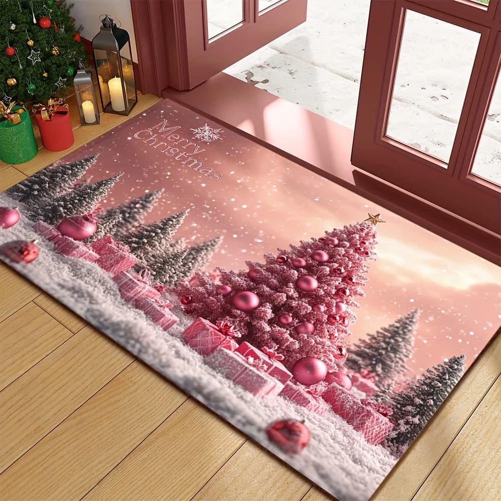 Zerbino di benvenuto con albero di Natale rosa: poliestere, design con motivo neve, confezione regalo, decorazioni natalizie