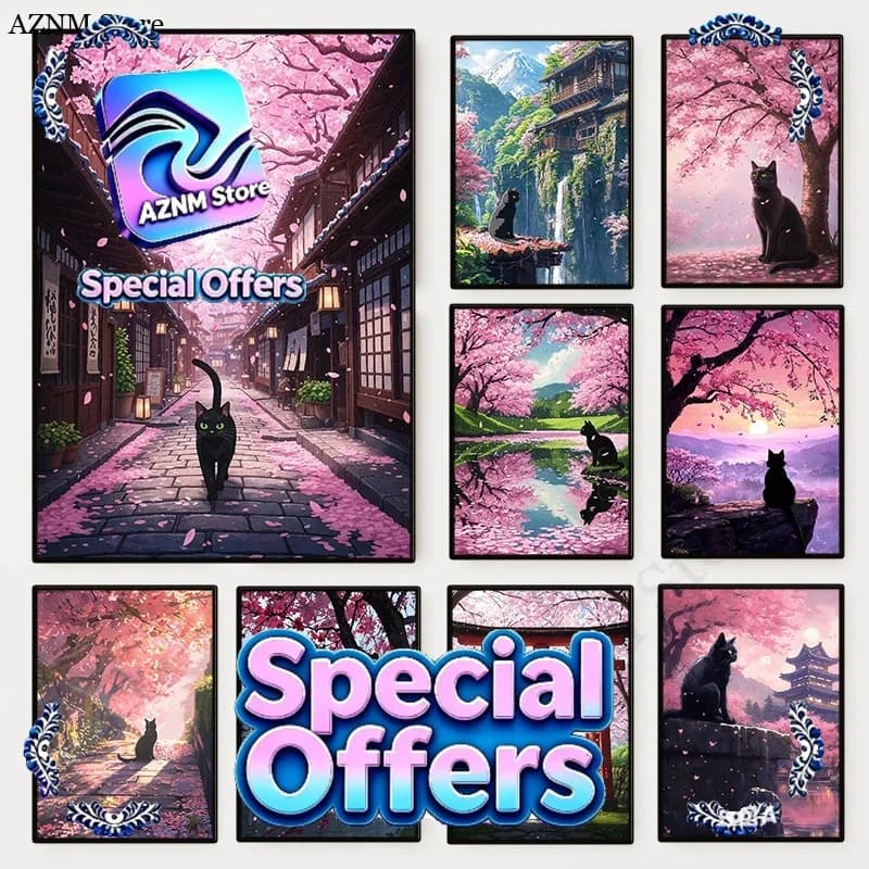 Poster con Gatto Nero e Albero di Ciliegio in Fiore, Paesaggio Naturale Giapponese Sakura, Dipinto su Tela per Soggiorno e Decorazione Casa