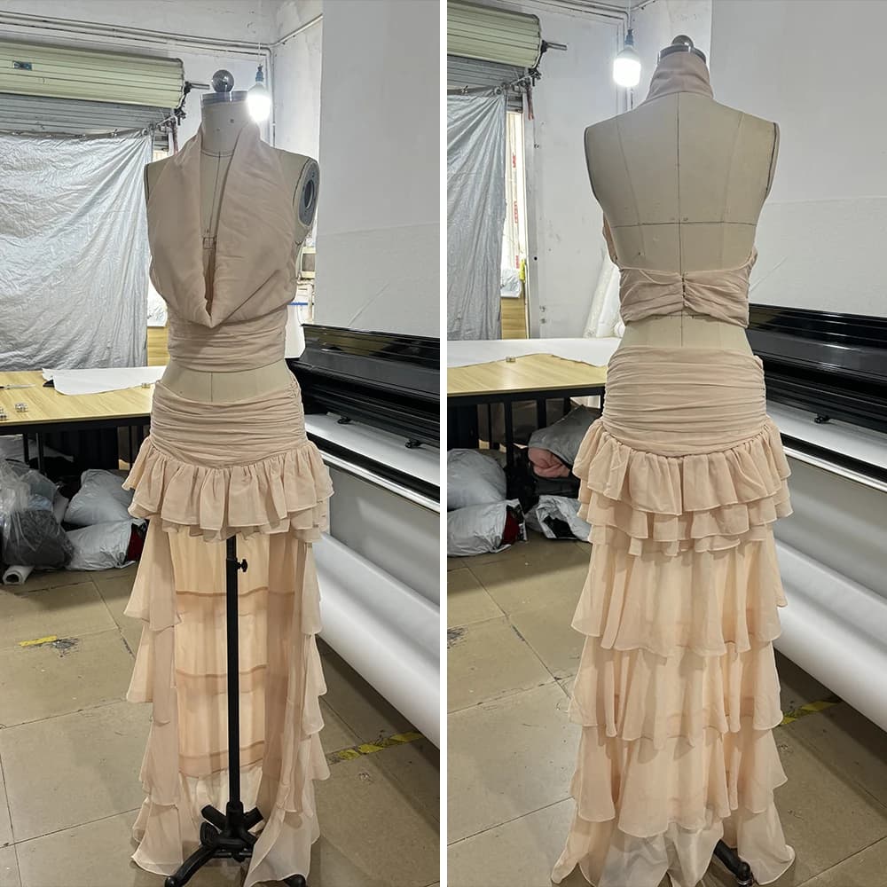 Womens 2 Piece Skirt Sets Drape Neck Halter Backless Crop Tank Top Flowy Ruffle Layer Maxi Skirts Vacation Going Out Outfits