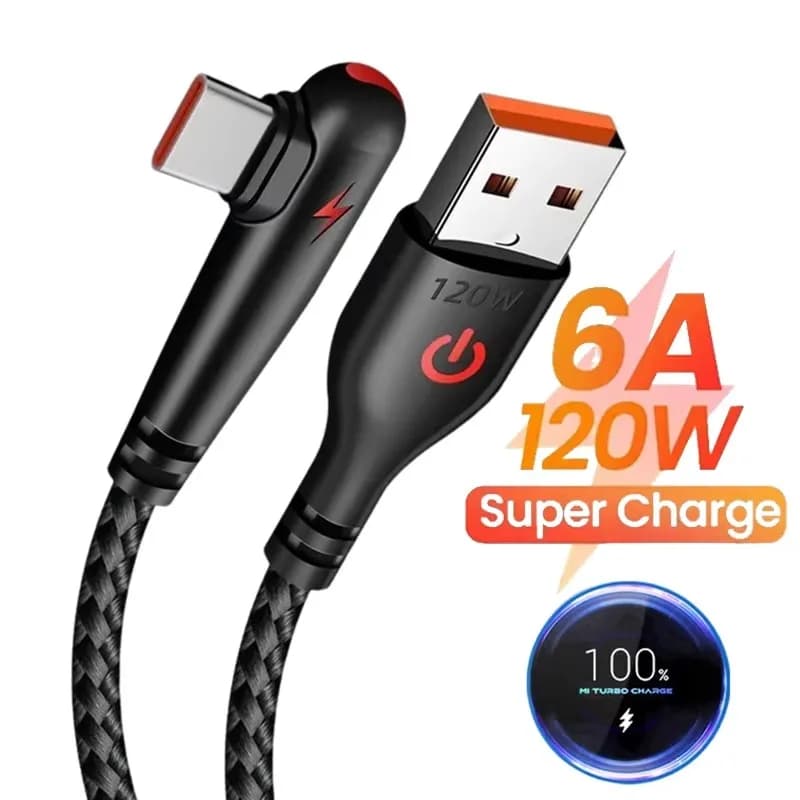 90 Degree Elbow Type C USB Fast Charging Cable For Xiaomi Redmi POCO Huawei Honor OPPO Realme OnePlus Type-C Nylon Braided Cable