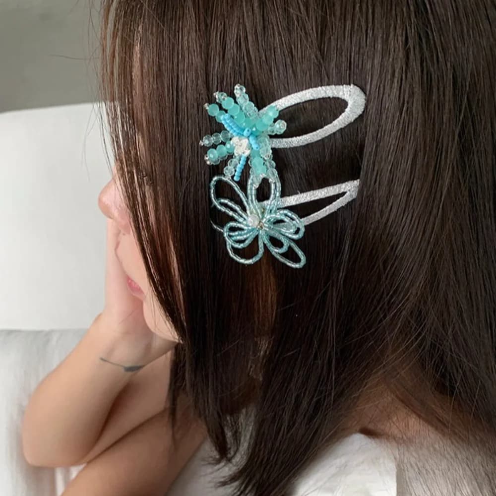 Y2K Fairy Mint Green Seed Bead Wire Flower Hair Barrettes Elegant Pearl Alligator Clips Daily Wedding Bridal Side Hair Ornaments